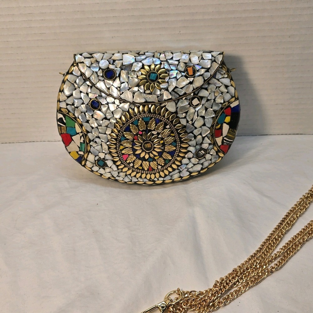 Ramla‎ Handmade Mosaic Clutch Evening Bag Party Purse with Gold Tone Chain Strap